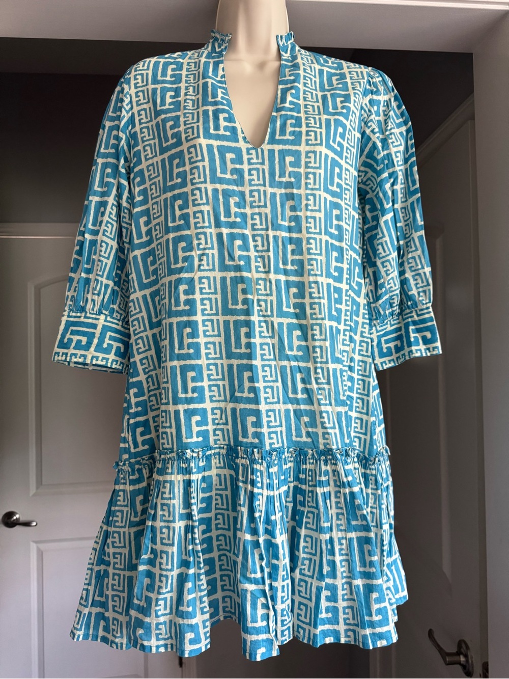 Olivia James The Label XS Blue White Geometric Print Tiered Ruffle Cotton Dress - Picture 2 of 10
